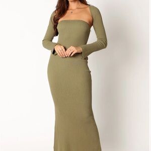 Petal & Pup Olive Green Ribbed Maxi Dress with Bolero